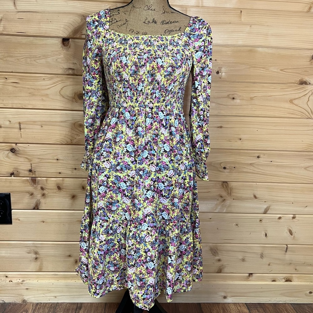 Love, fire Shirred dress Womens Large Floral Square Neck Long Sleeve